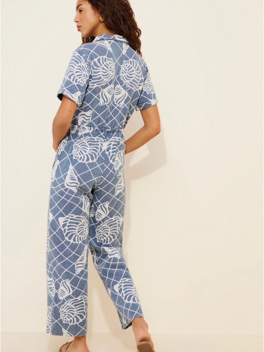 Little Lies Blue & White Shell-Print Denim Women’s Short-Sleeve Romper - Picture 3 of 3